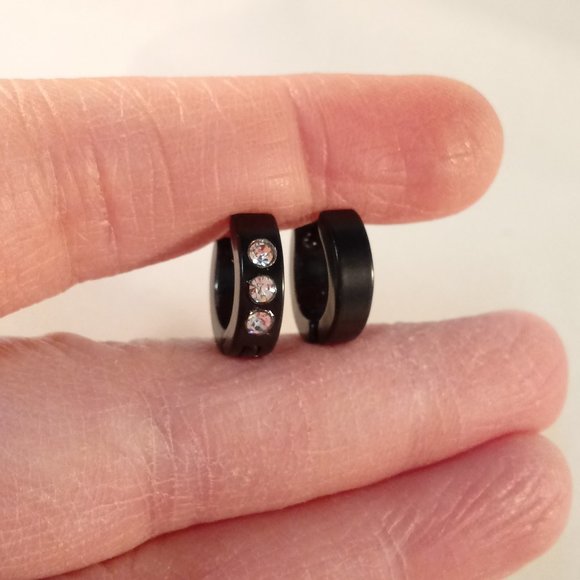 Mens Black Stainless Steel Diamond Zircon Hoop Huggie Earrings 14mm Party Gift - Picture 4 of 5